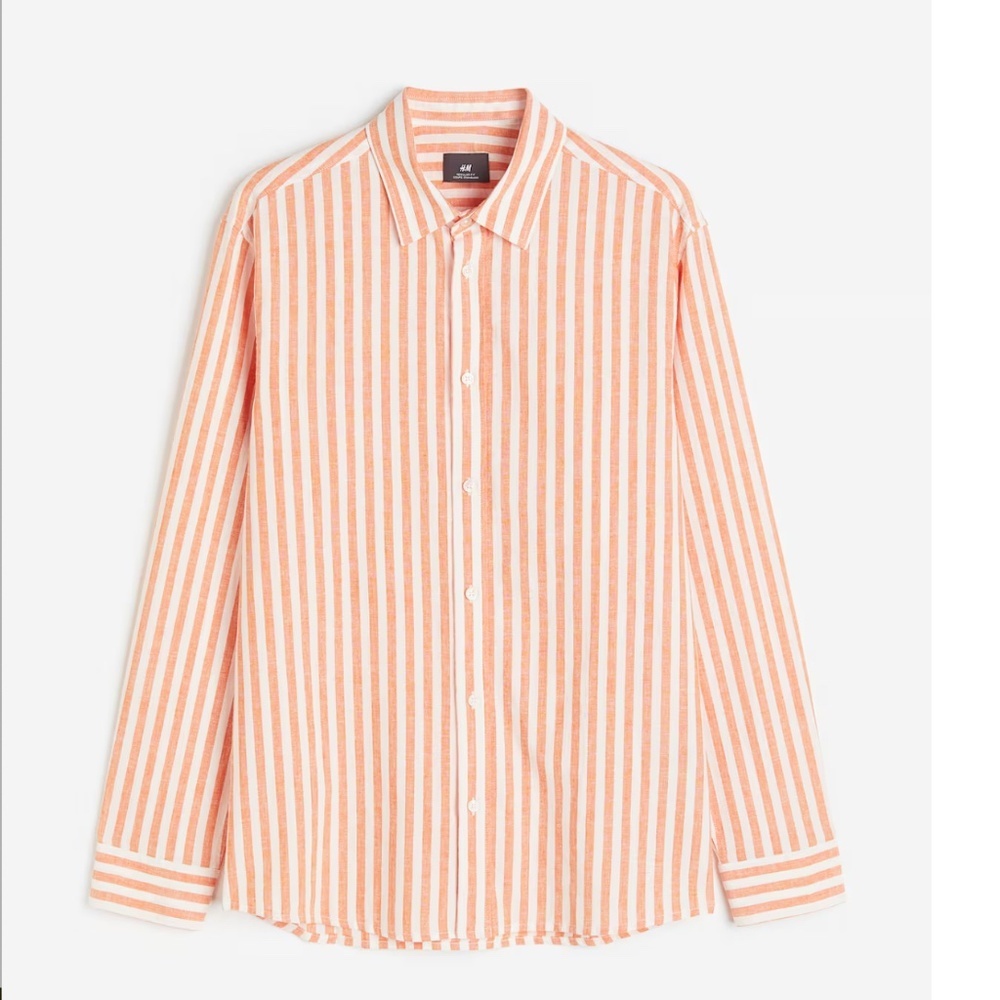 H&M REGULAR FIT LINEN BLEND SHIRT Button Down Striped Orange White Size Large